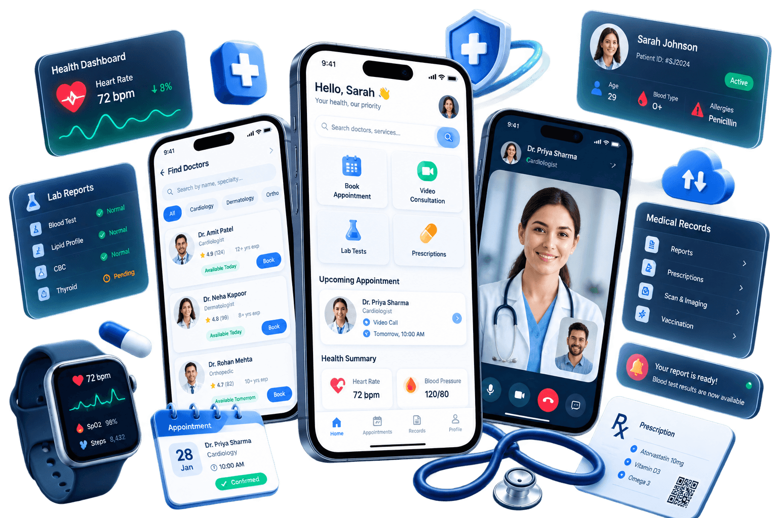 Healthcare mobile experience showing appointments, telehealth, medical records and health monitoring.